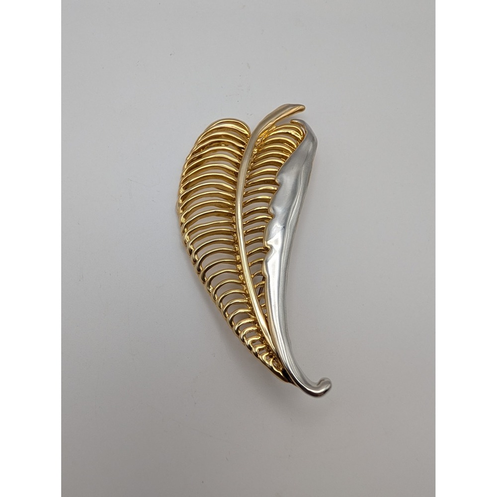 Vintage Two Tone Gold Silver Leaf Brooch Openwork Filigree Statement Pin 3.5in
